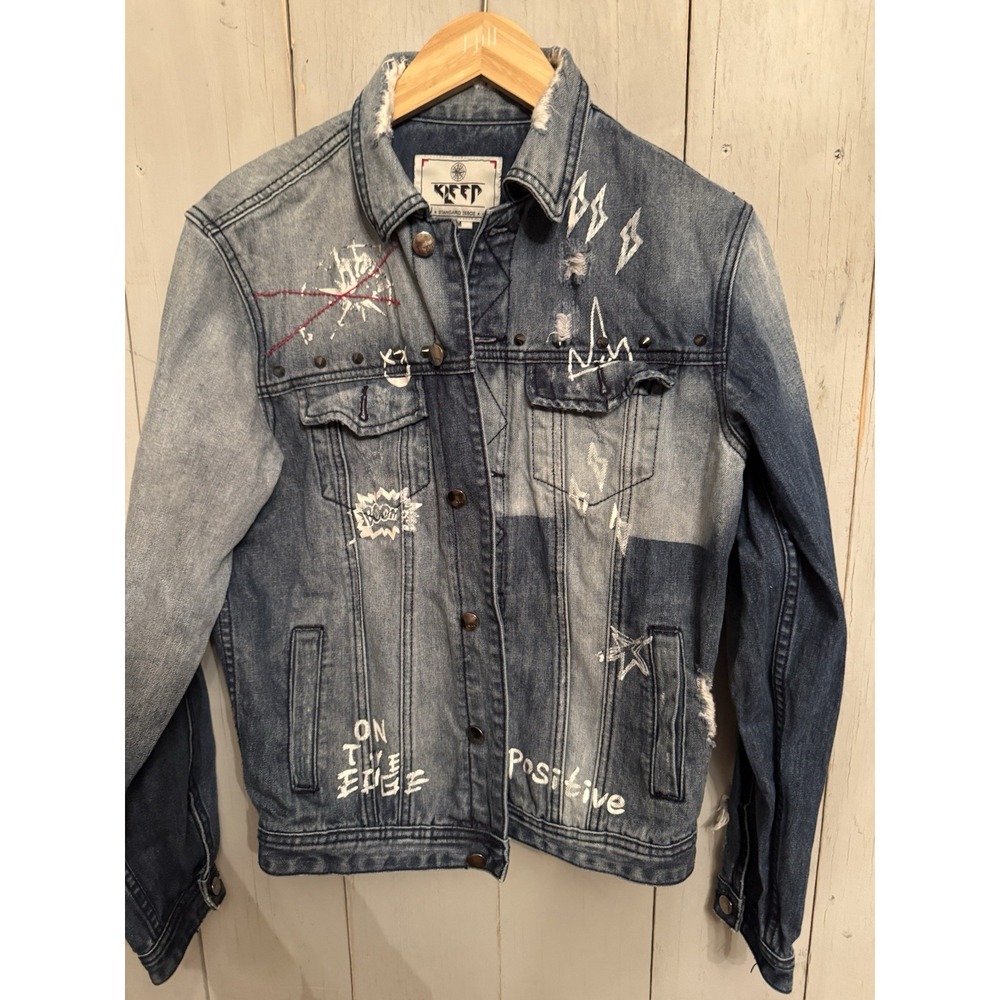 KLEEP Denim Jacket Urban core Graffiti Festival Distressed Button Up Sz-M 180$